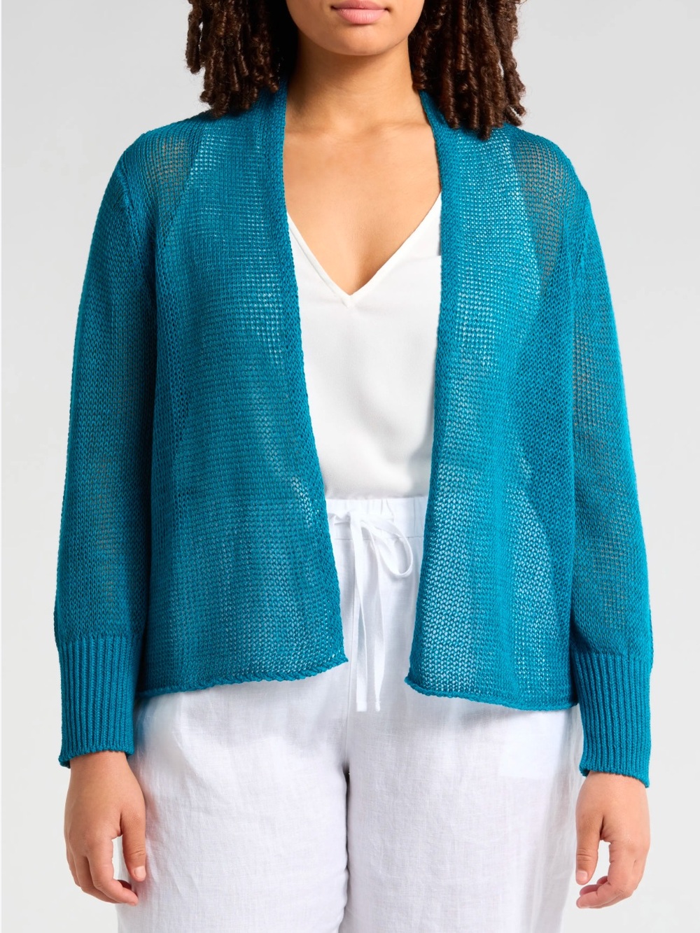 Eileen Fisher Large Organic Linen Cardigan Teal Blue Boxy Relaxed Coastal Beach